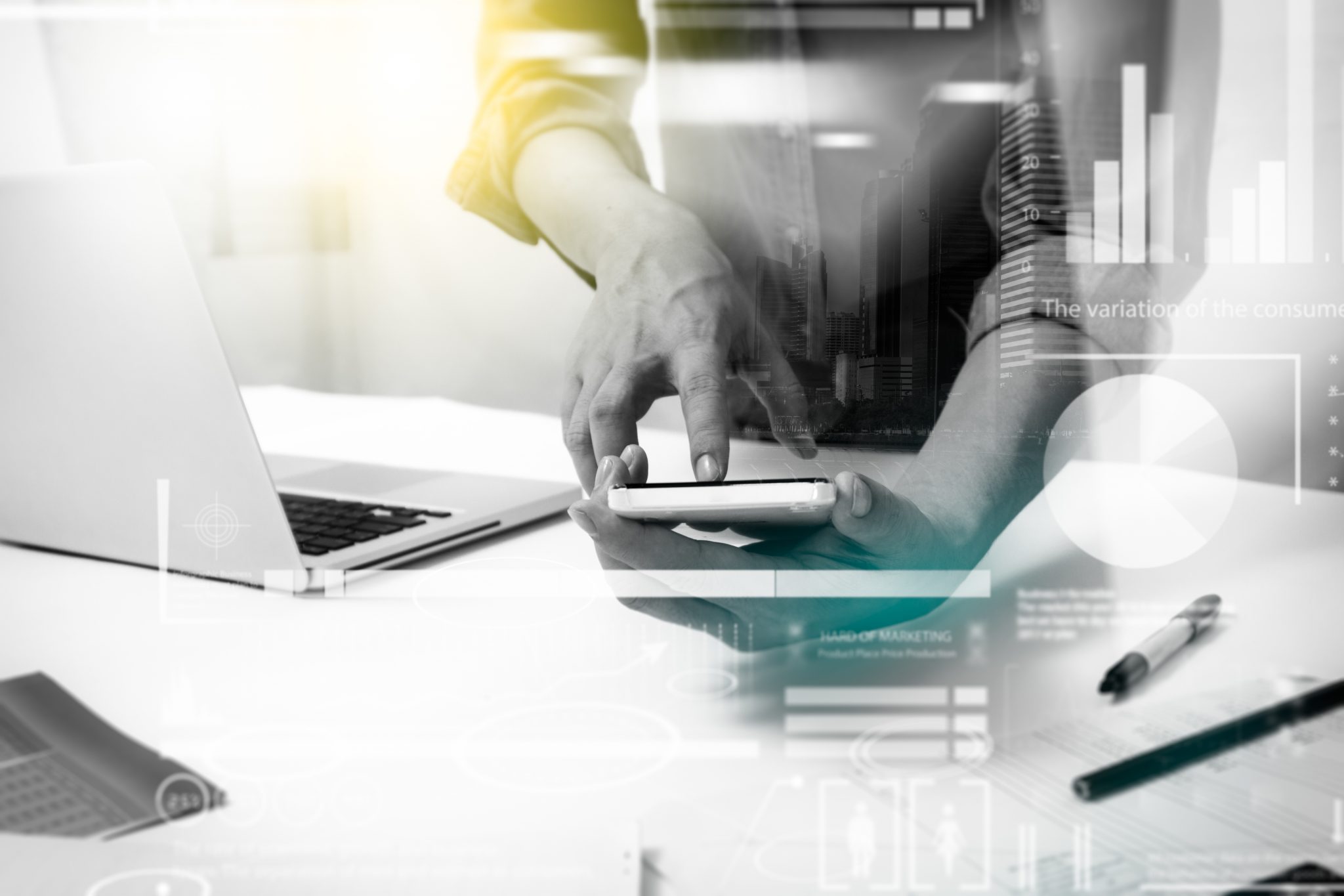 Double exposure of businesswomen using smart phone with blur cit